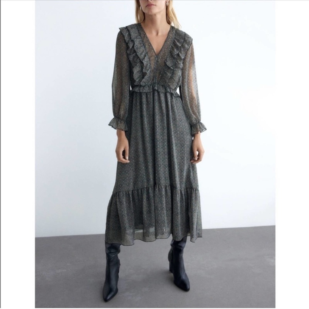 Zara Metallic Thread Printed Sheer Ruffle V-neck Long Sleeve Midi Dress M